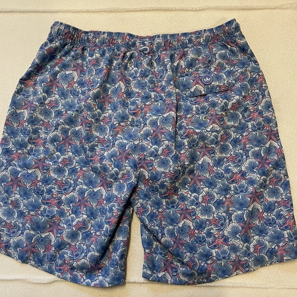 Peter Millar Seaside Lined Swim Trunks Mens Size XL AOP Starfish Blue Pockets